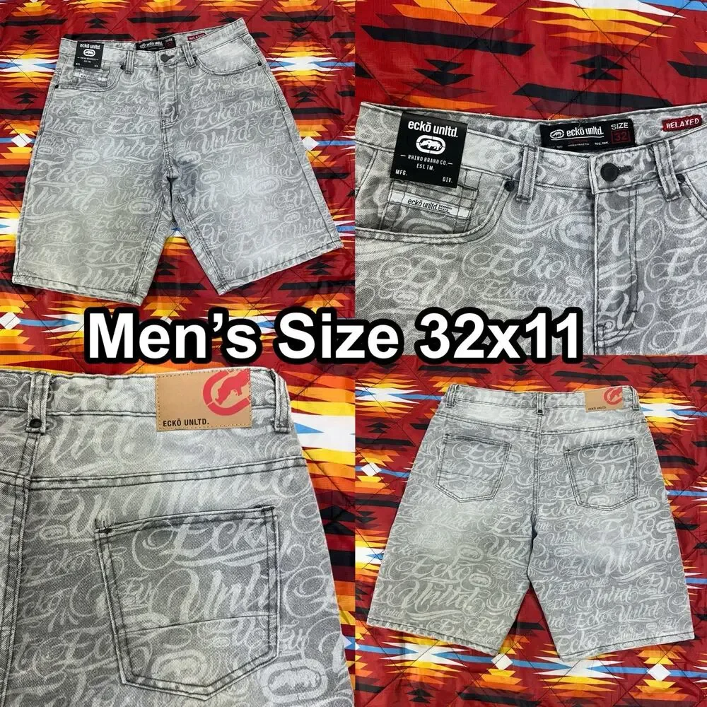 Ecko Unltd All Over Print Script Gray Denim Shorts Men’s Sz 32 Jorts Relaxed AOP